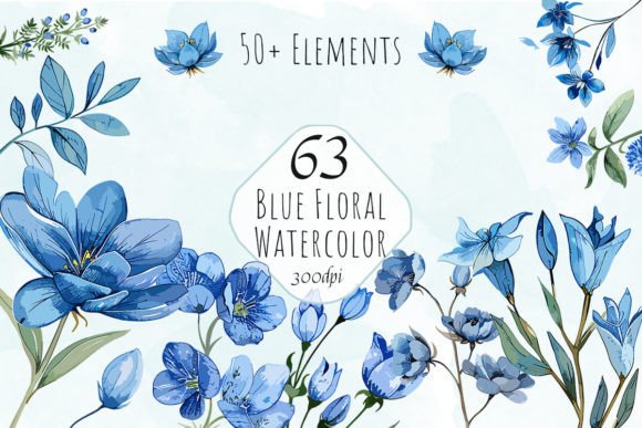 Blue Flowers Watercolor Clipart: 63 Designs for Your Projects