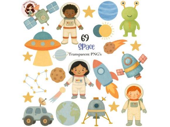 Charming Hand-Drawn Style: Cute Space Clipart PNG Bundle
