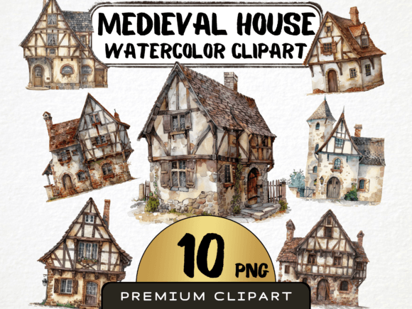 Charming Medieval House Clipart: 10 PNGs for Your Designs