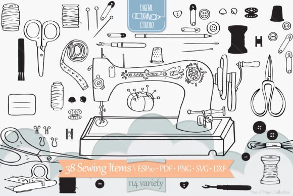 Charming Sewing Doodles: Singer Machine & Button Graphics