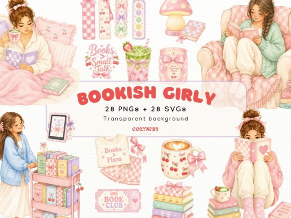 Cozy Bookish Girl Watercolor Clipart PNG: Design Assets for Reader Brands