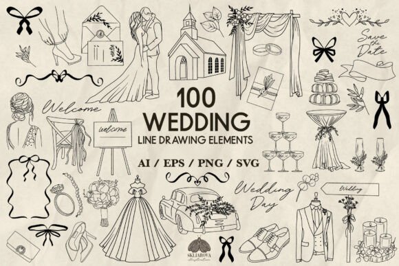 Elevate Your Projects with a Wedding SVG Bundle, Line Drawing Set