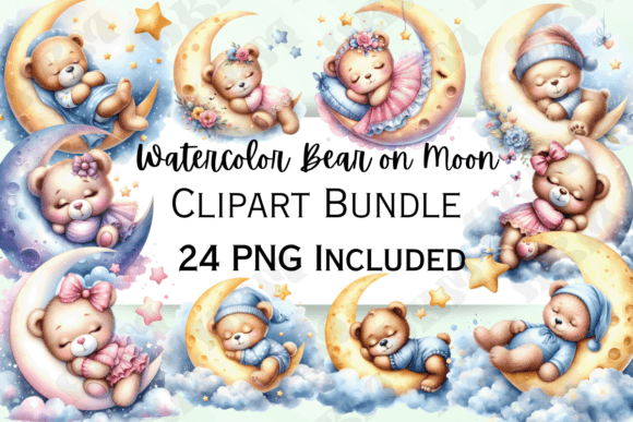 Enchanting Watercolor Bear on Moon Clipart: Design Uses