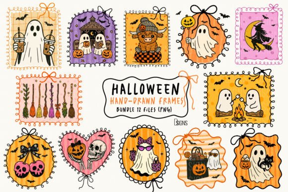 Halloween Hand-Drawn Frame Bundle Png: Spooky Cute Designs