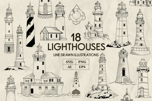 Lighthouse Line Art SVG, PNG & EPS Bundle