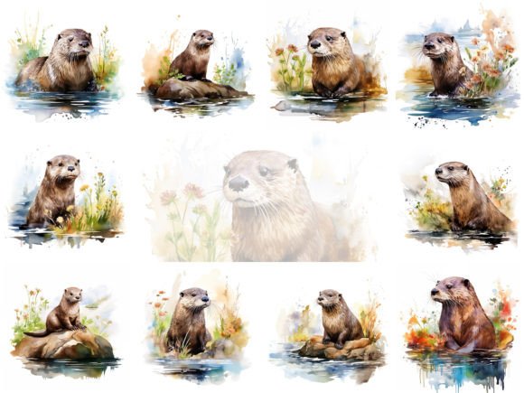 River Otter Watercolor Clipart Set: Versatile Design Assets