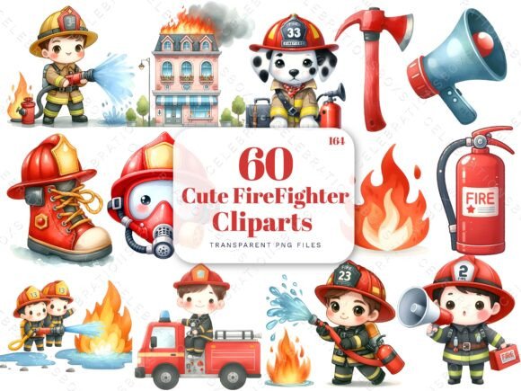 Unleash Creative Heroism with Watercolor Cute Firefighter Clipart PNG