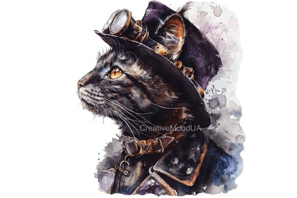 Vintage Steampunk Cat. Watercolor. PNG: A Creative Asset