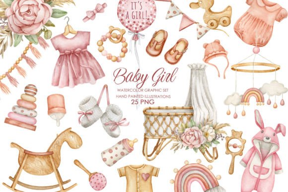 Watercolor Baby Girl Nursery Clipart for Soft, Modern Designs