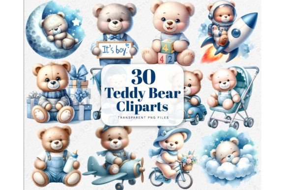 Watercolor Blue Teddy Bear PNG Clipart: A Complete Design Kit