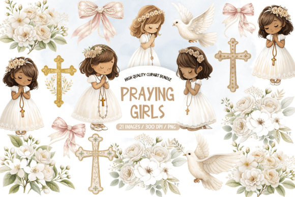Watercolor Praying Girls Clipart: A Faith-Focused Design Asset
