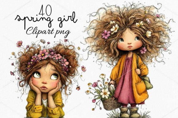 Whimsical Spring Girl Clipart: Storybook Charm for Modern Designs